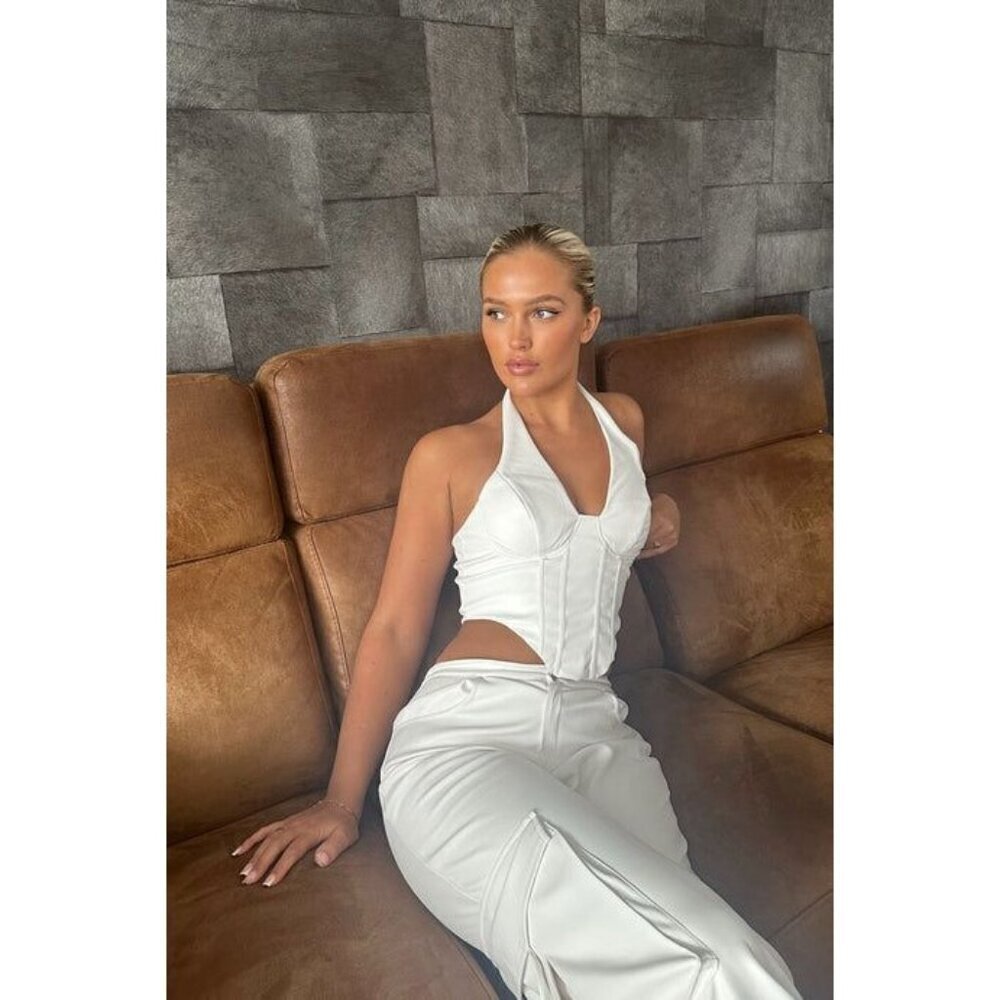 NWT Fashion Nova white faux leather halter corset top size M